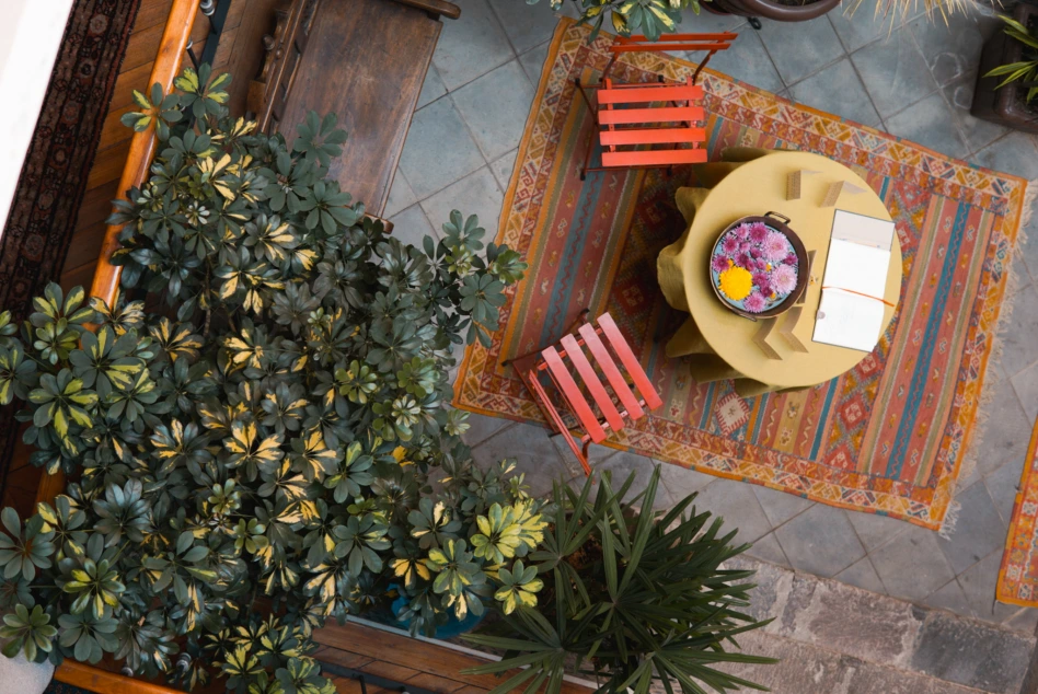The courtyard seating area seen from the gallery above